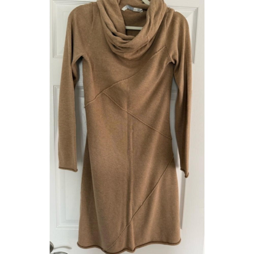 Athleta Sweater Dress Women L British Tan Cowl Neck Asymmetrical Seam Knit Cozy - Picture 2 of 8